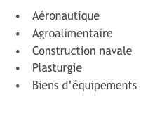 Aéronautique
Agroalimentaire
Construction navale
Plasturgie
Biens d’équipements
